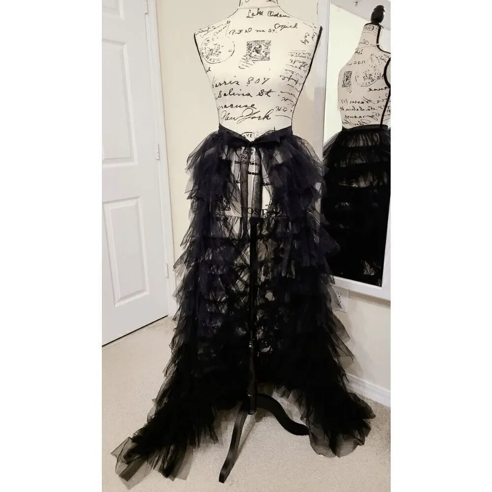 🖤 NEW Goth Tier Layered Tulle Mesh Petticoat Train Wrap Hi-Lo Black Open Skirt